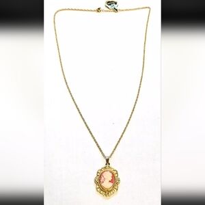 Vintage Gold Plated Cameo Pendant Necklace 24" Chain Girl in Ponytail